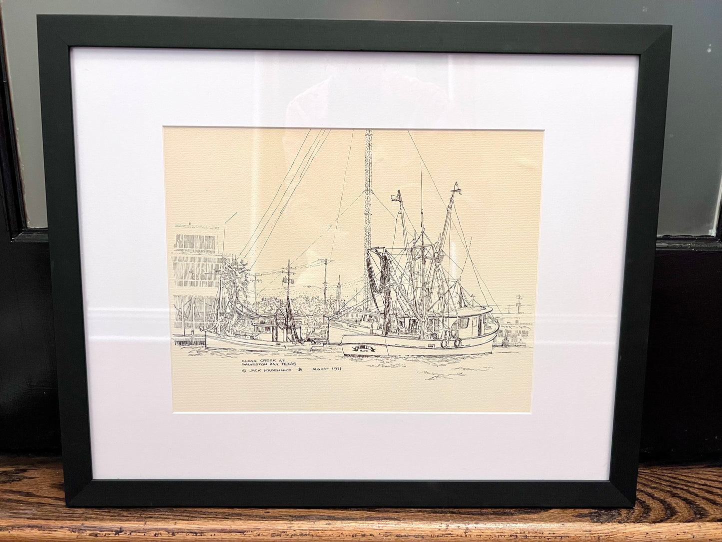 "Clear Creek at Galveston Bay, Texas" - Reframed Original Signed Ink Drawing by Artist Jack Kroehnke circa August 1971