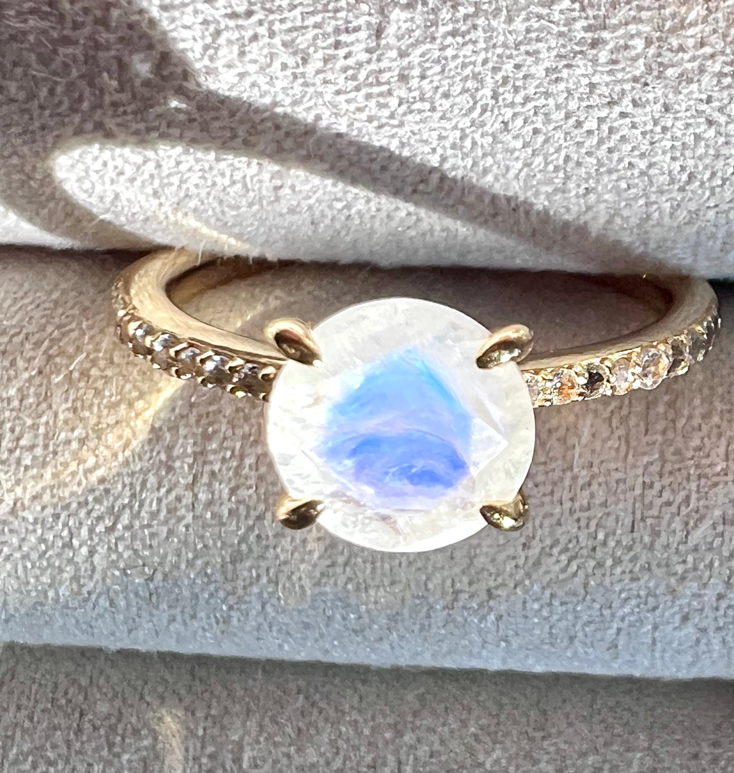 Rainbow Moonstone & White Topaz Pavé Ring in 14kt Gold Vermail, Size 8