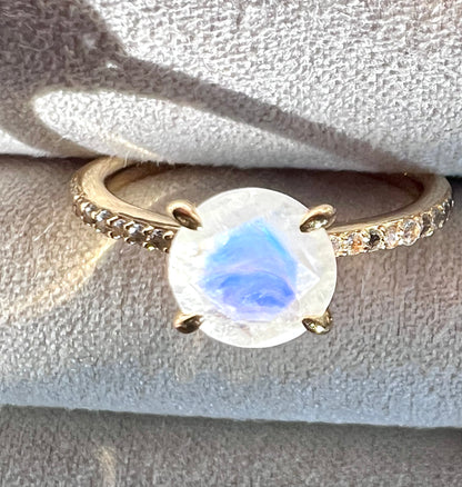 Rainbow Moonstone & White Topaz Pavé Ring in 14kt Gold Vermail, Size 8