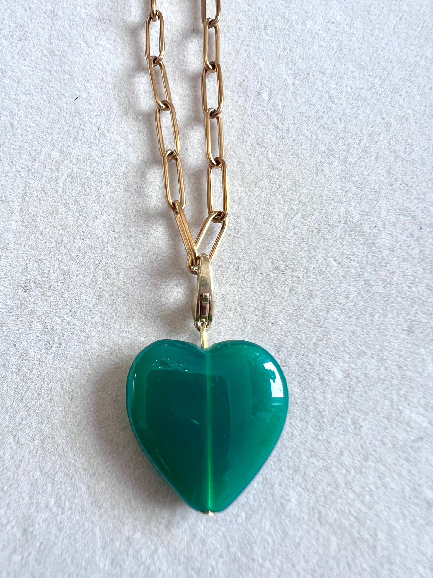 Vintage Green Puffy Heart Charm on Paperclip Oval Chain Necklace