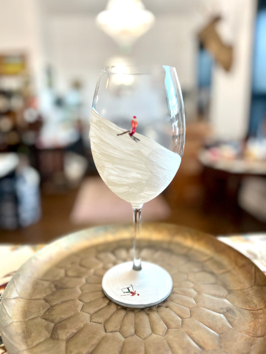 Hand Painted Skier Red Wine Glass by Carol Moore