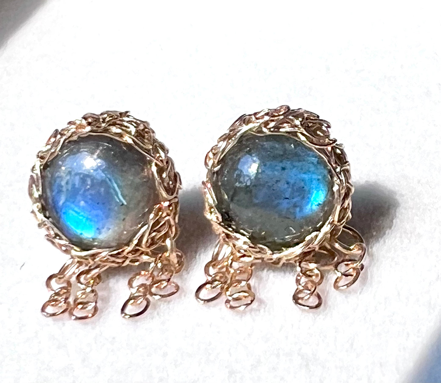 Labradorite Jellyfish Earrings – Hand-Crocheted in 14k Gold