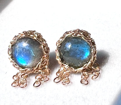 Labradorite Jellyfish Earrings – Hand-Crocheted in 14k Gold