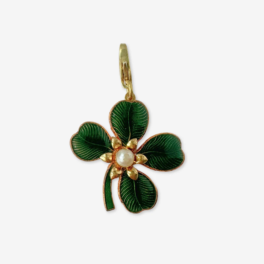 Four Leaf Clover Refashioned Vintage Enamel & Pearl Charm