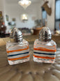 Orange & Blue Horizontal Stripes Small Hand-painted Salt & Pepper Shaker Set by Carol Moore