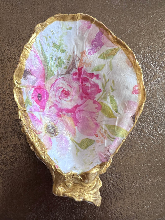 Pink Floral - Handmade Decoupaged Oyster Shell
