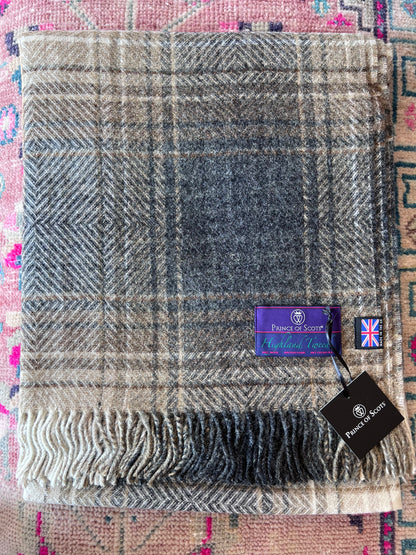 Grays & Tans Ombré Highland Tweeds 100% Shetland Lambswool Throw - Made in the British Isles