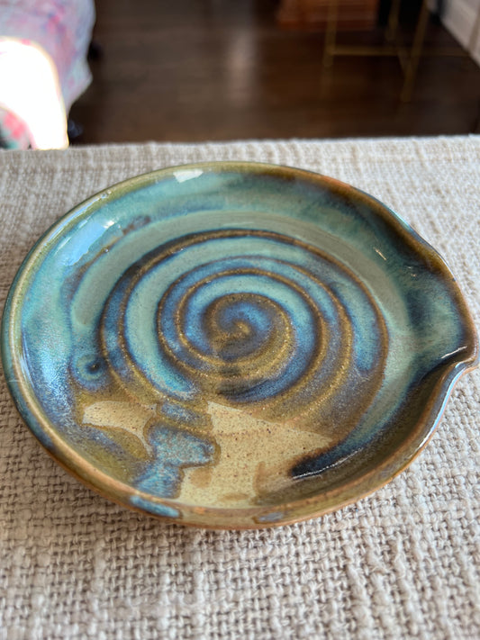 Turquoise & Tan Swirl Spoon Rest - Handmade by Ceramic Artist Natalie Zelman