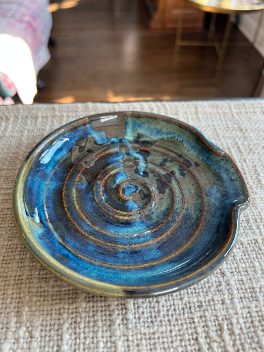 Dark Blue & Chocolate Swirl Spoon Rest - Handmade by Ceramic Artist Natalie Zelman