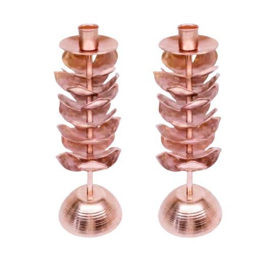 Rose Gold Leaf Taper Candle Holder Pair
