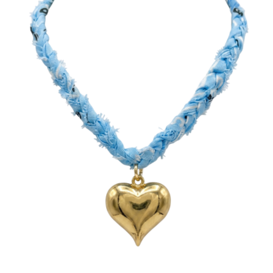 Light Blue Braided Bandana Heart Necklace
