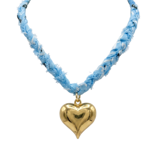 Light Blue Braided Bandana Heart Necklace