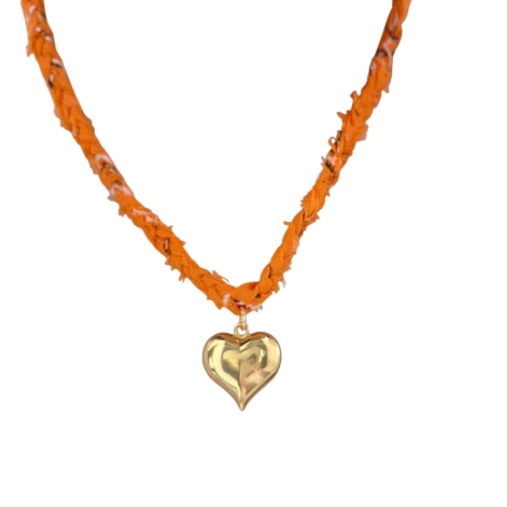 Orange Braided Bandana Heart Necklace