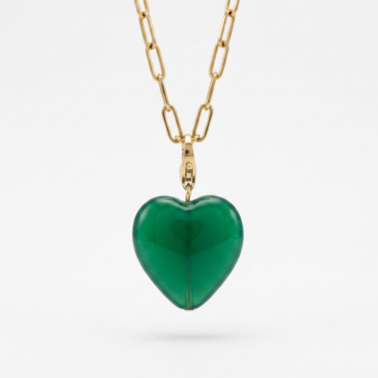 Vintage Green Puffy Heart Charm on Paperclip Oval Chain Necklace
