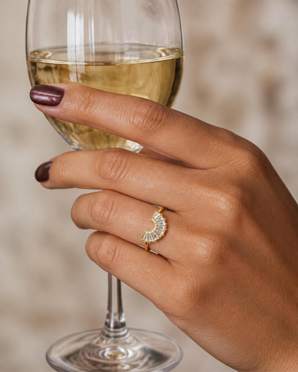 Diamond & White Topaz Baguette Solid 14kt Gold Arc Ring - Size 8