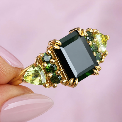 Baguette Cut Green Lab Topaz & Natural Peridot 18kt Gold Vermeil Ring - Size 8