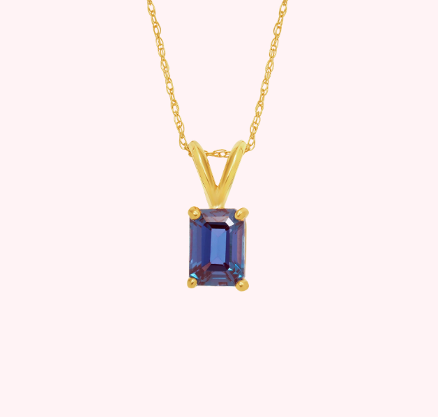 Alexandrite Baguette Pendant in Solid 14kt Gold Necklace