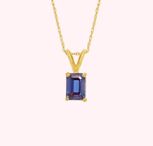 Alexandrite Baguette Pendant in Solid 14kt Gold Necklace