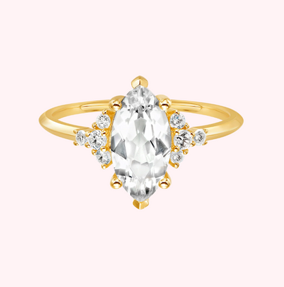 Marquise Cut White Topaz & Solid Gold Ring - Size 7
