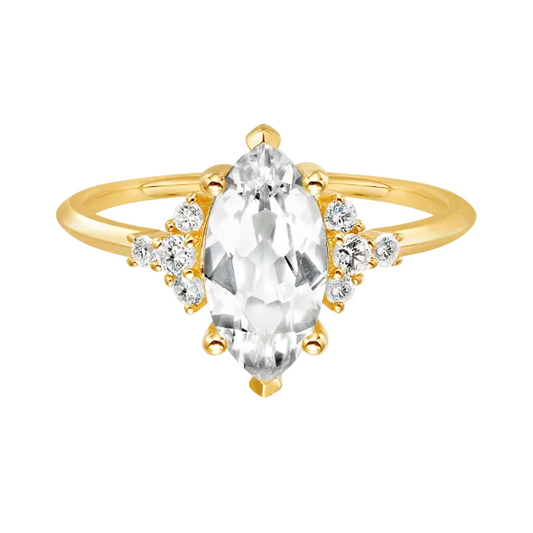 Marquise Cut White Topaz & Solid 10kt Gold Ring - Size 7