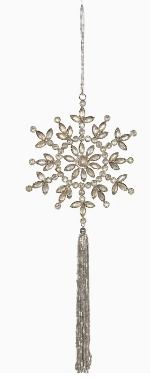 Opal White Beaded Snowflake with Tassel Ornament I