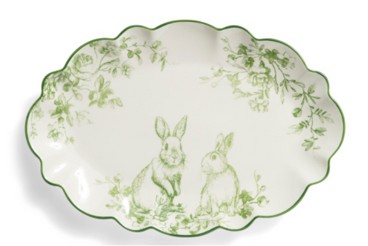 Potter’s Studio Scalloped Green and White Toile Rabbit Platter