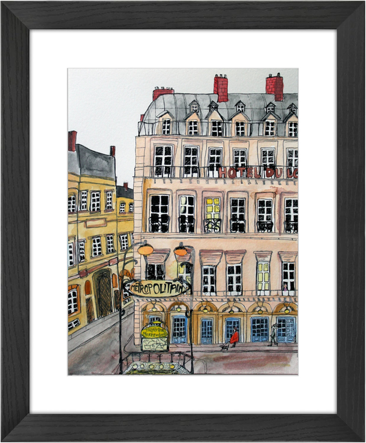 Hotel du Louvre Paris Watercolor Giclée Framed Fine Art Print by Pascale Berkowitz