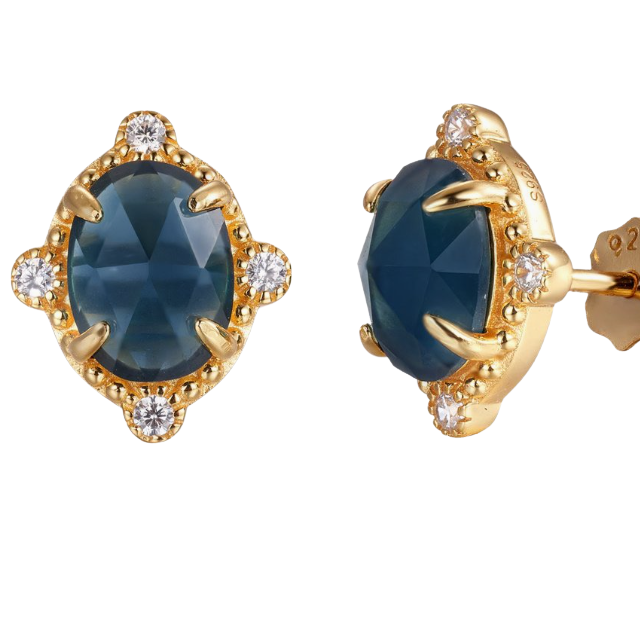 Lab Teal Sapphires & Natural White Topaz 14k Gold Vermeil Stud Earrings