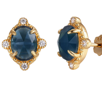 Lab Teal Sapphires & Natural White Topaz 14k Gold Vermeil Stud Earrings