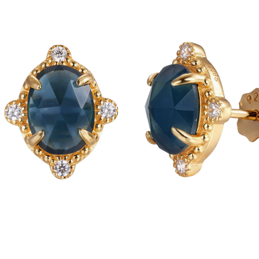 Lab Teal Sapphires & Natural White Topaz 14k Gold Vermeil Stud Earrings