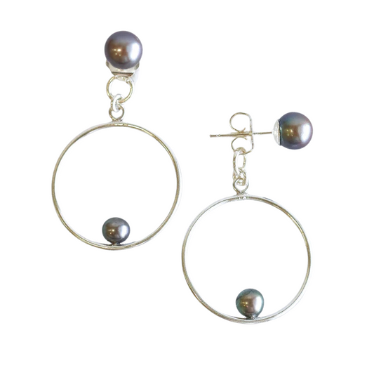 Front Back Silver Cultured Pearls Stud & Hoop Earrings