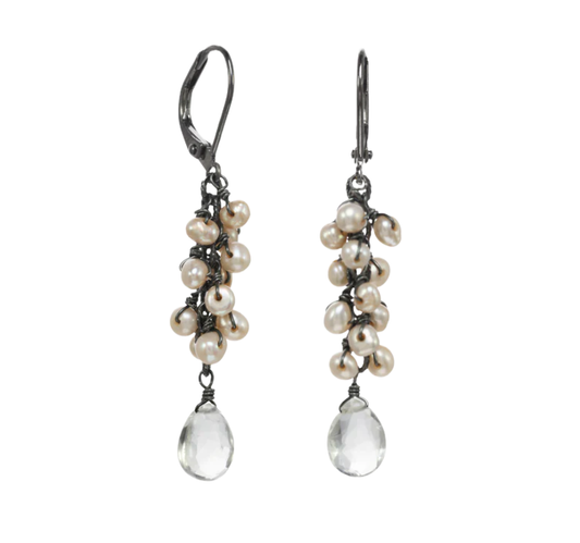 Freshwater Pearls & Clear Quartz Briolette Silver Earrings