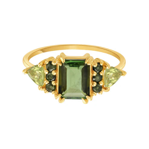 Baguette Cut Green Lab Topaz & Natural Peridot 18kt Gold Vermeil Ring - Size 6