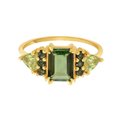 Baguette Cut Green Lab Topaz & Natural Peridot 18kt Gold Vermeil Ring - Size 6