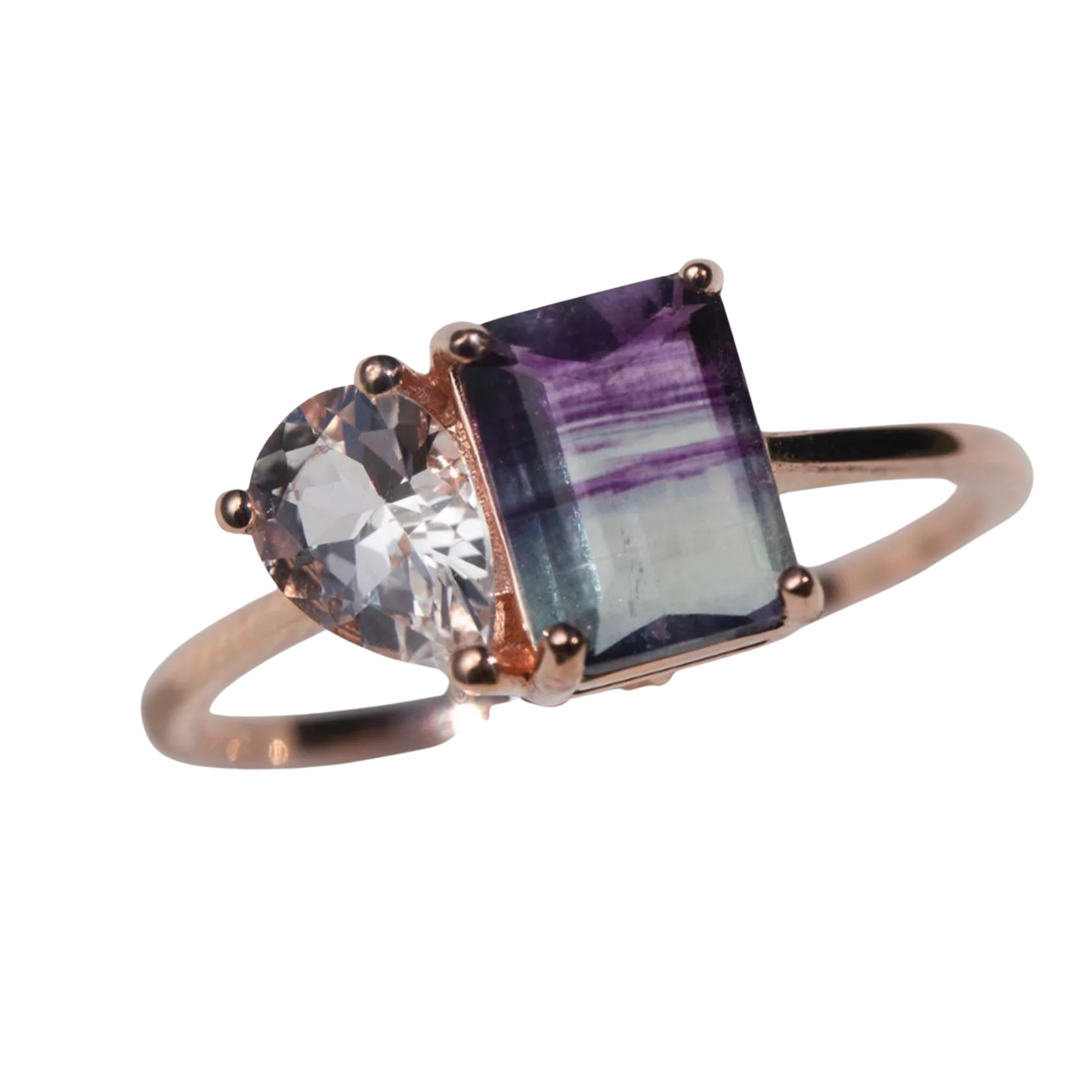 Fluorite & White Topaz Rose Gold Ring - Size 7