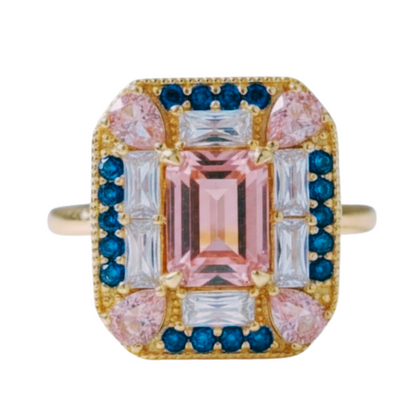 The Gatsby Ring - Pink Morganite, Sapphire & White Topaz Cocktail Ring, Size 5