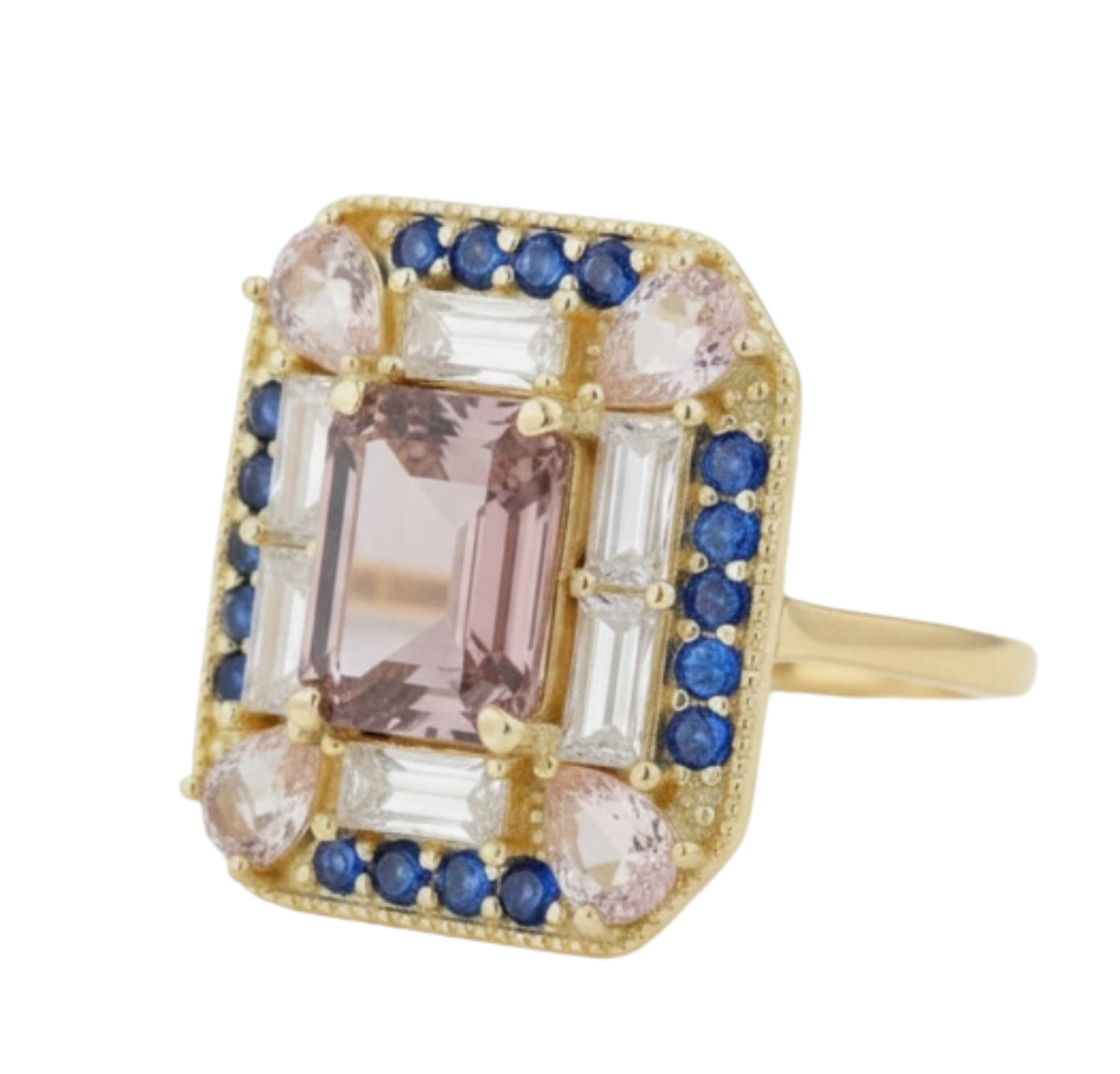 The Gatsby Ring - Pink Morganite, Sapphire & White Topaz Cocktail Ring, Size 5
