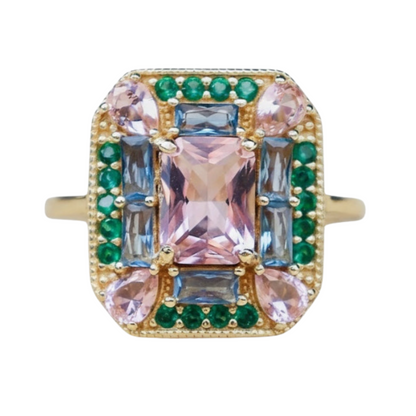 The Marlowe Ring - Morganite, Emerald & Aquamarine Cocktail Ring, Size 5