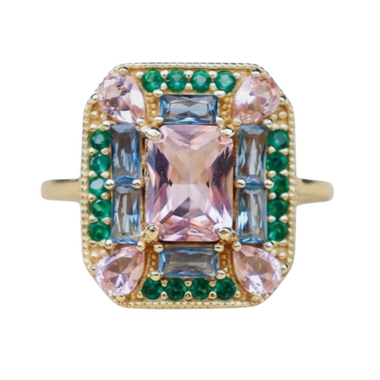 The Marlowe Ring - Morganite, Emerald & Aquamarine Cocktail Ring, Size 5