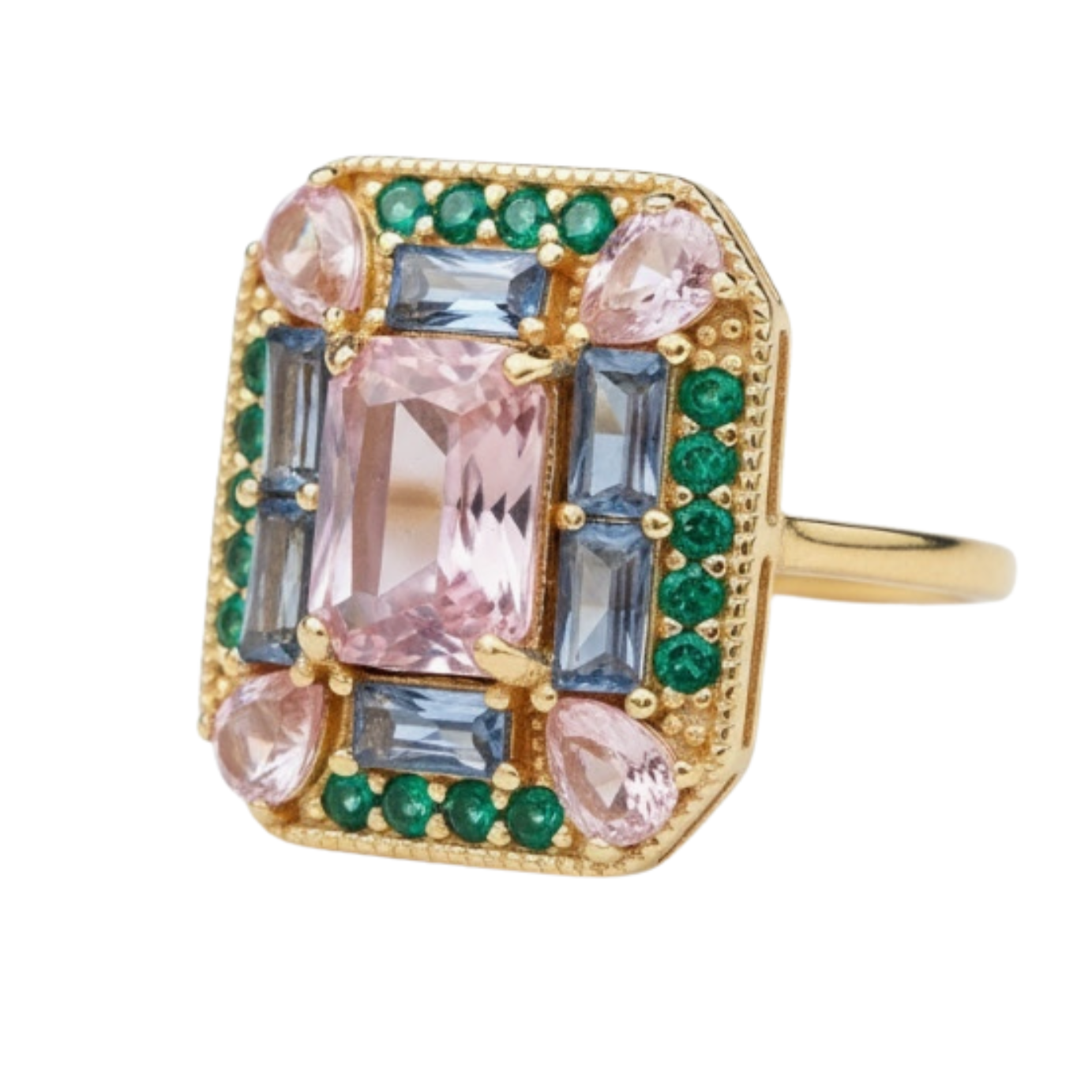 The Marlowe Ring - Morganite, Emerald & Aquamarine Cocktail Ring, Size 5