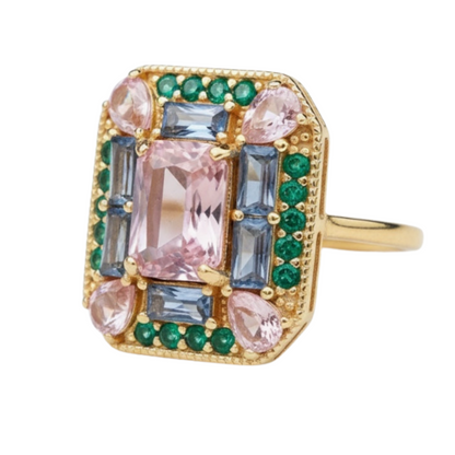The Marlowe Ring - Morganite, Emerald & Aquamarine Cocktail Ring, Size 5