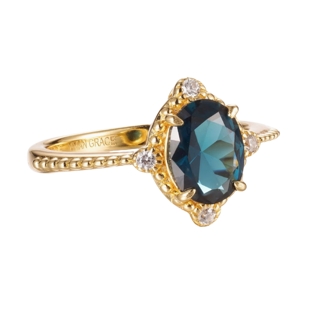 Lab Teal Sapphire & Natural White Topaz in 14k Gold Vermeil - Size 7