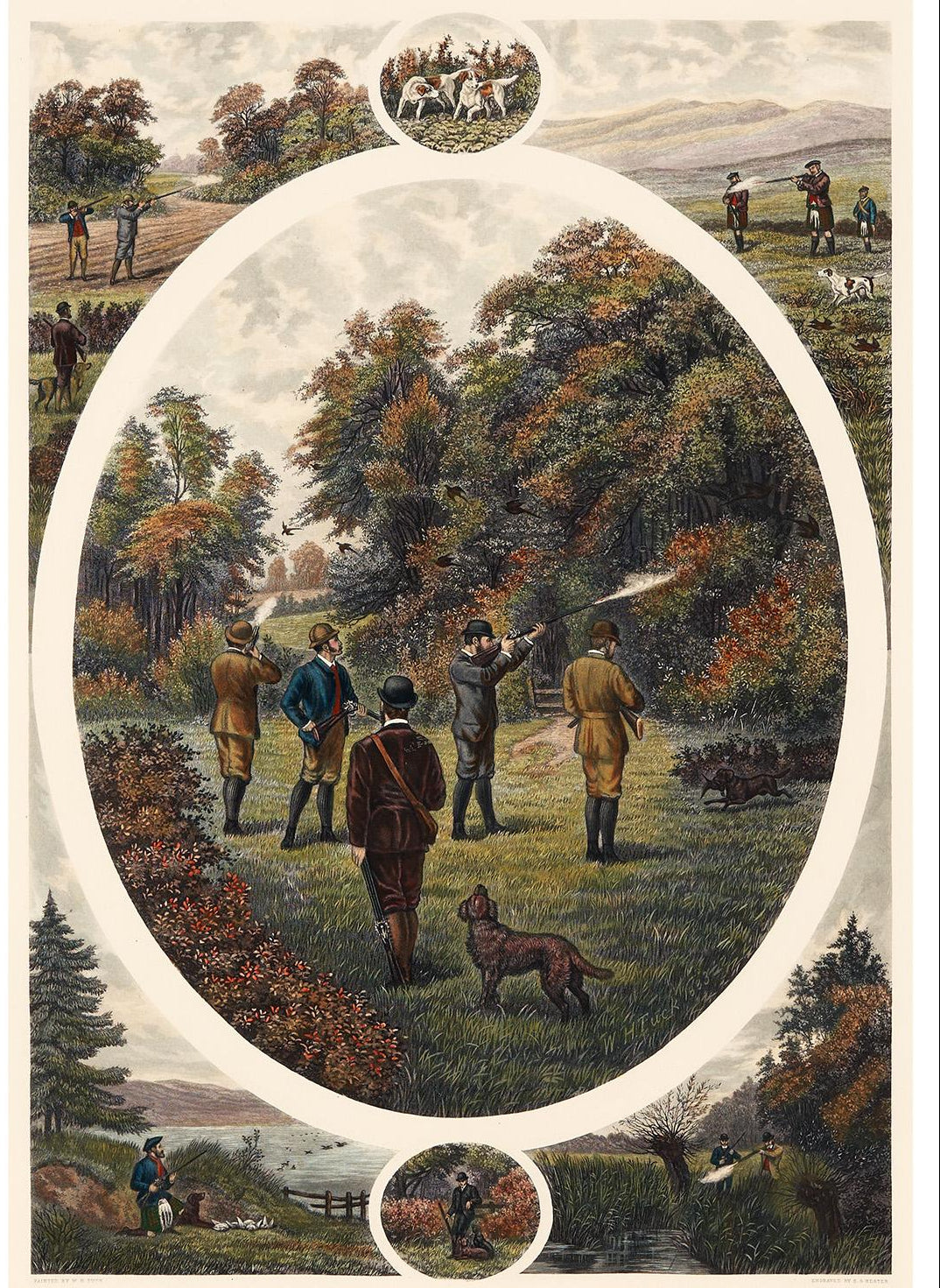 Vintage "Shooting" Wood-Framed Print by British Artist William Henry Tuck