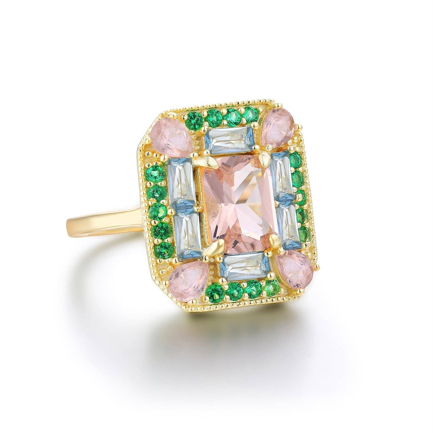 The Marlowe Ring - Morganite, Emerald & Aquamarine Cocktail Ring, Size 6