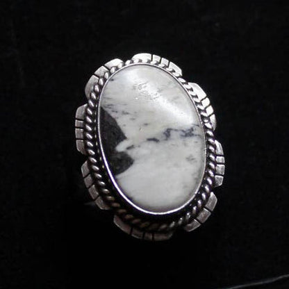 Native American Made White Buffalo Turquoise Sterling Silver Ring - Size 8.5