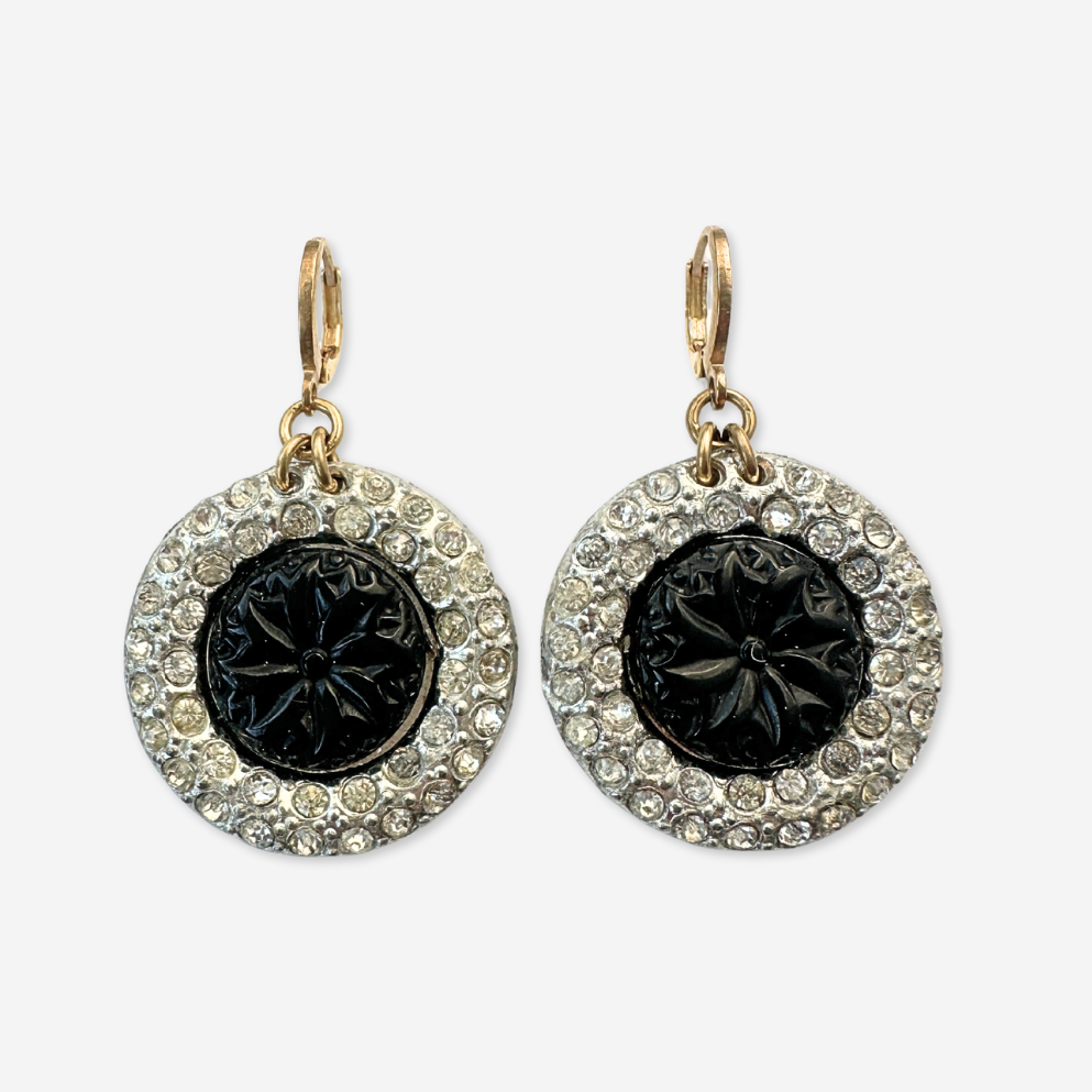The Ophelia - Refashioned Vintage Rhinestone and Black Cabochon Earrings