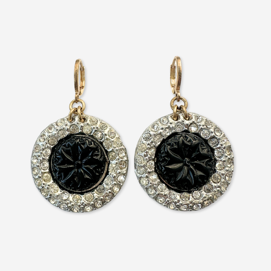 The Ophelia - Refashioned Vintage Rhinestone and Black Cabochon Earrings