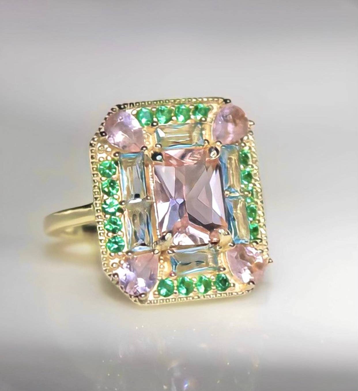 The Marlowe Ring - Morganite, Emerald & Aquamarine Cocktail Ring, Size 6