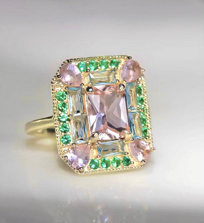 The Marlowe Ring - Morganite, Emerald & Aquamarine Cocktail Ring, Size 6