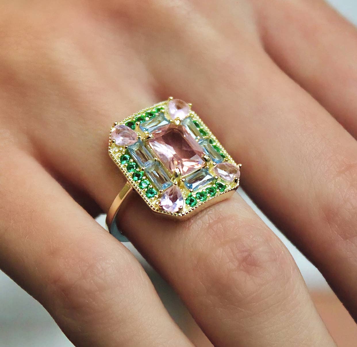 The Marlowe Ring - Morganite, Emerald & Aquamarine Cocktail Ring, Size 6